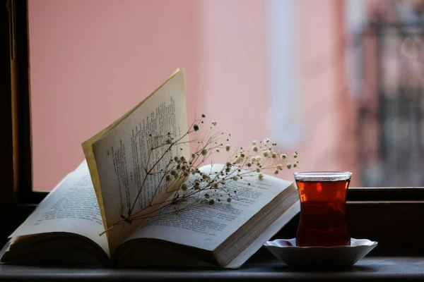 a book next to a window